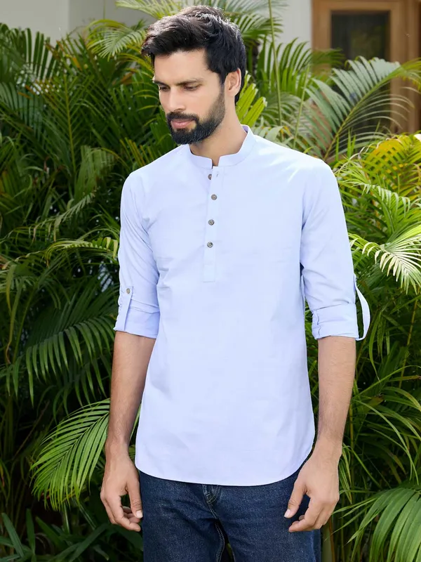 Men_Blue_Solid_cotton_Short_Kurta