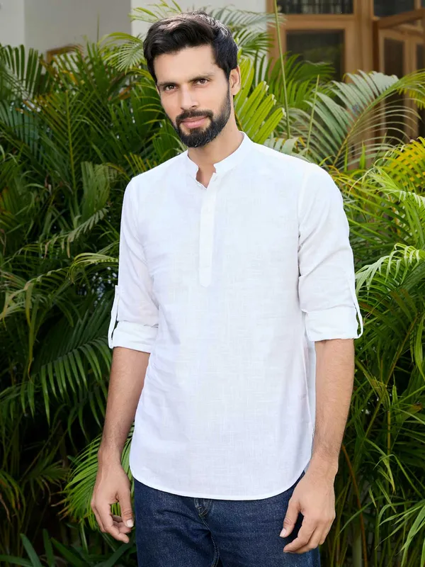 Men_White_Pure_Cotton_Slub_Short_Kurta