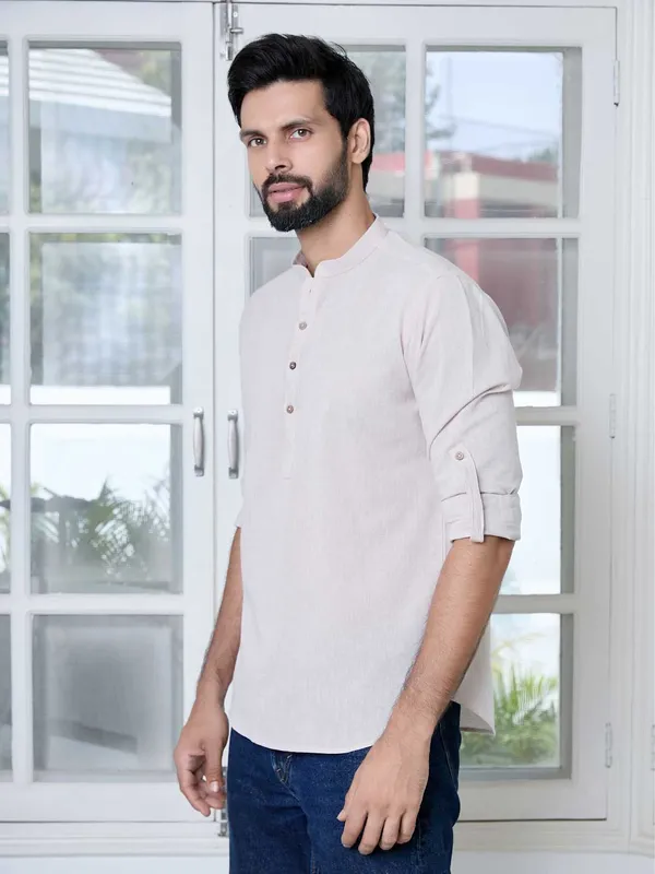 Men_Beige_Pure_Cotton_Short_Kurta