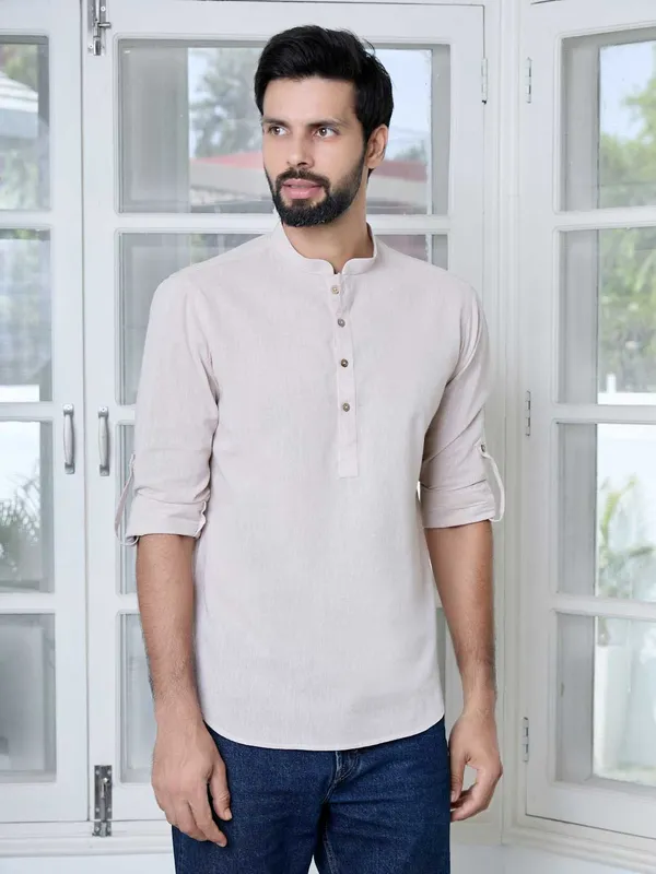 Men_Beige_Pure_Cotton_Short_Kurta