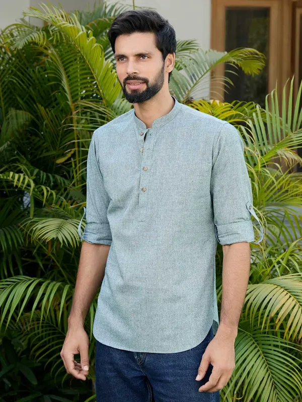 Men_Green_Pure_Cotton_Short_Kurta