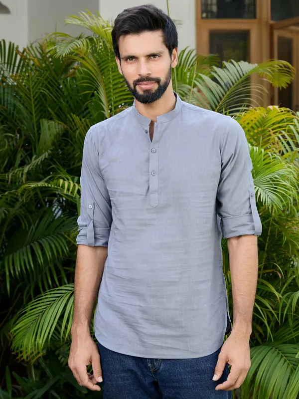 Men_Gray_Pure_Cotton_Slub_Short_Kurta