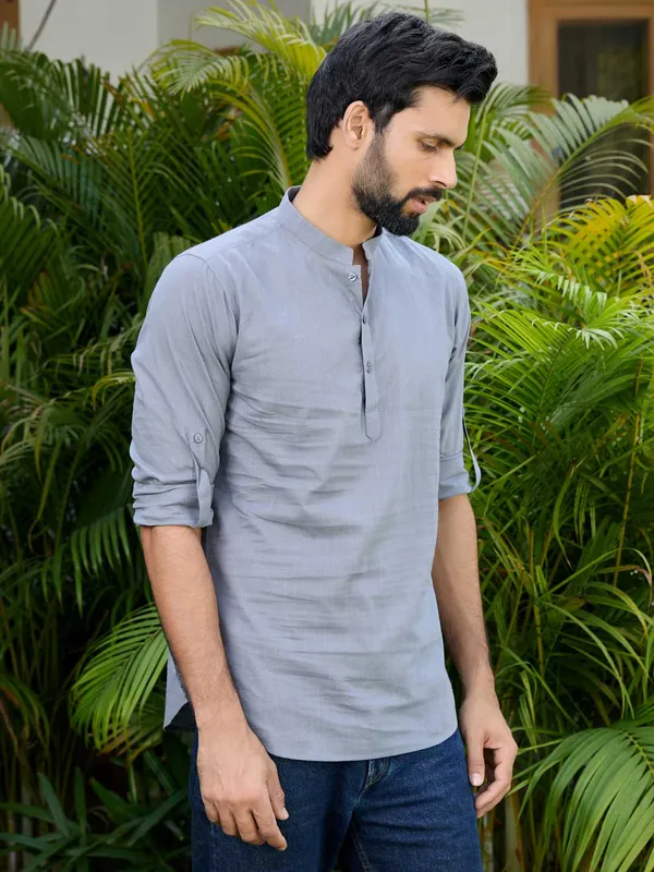 Men_Gray_Pure_Cotton_Slub_Short_Kurta