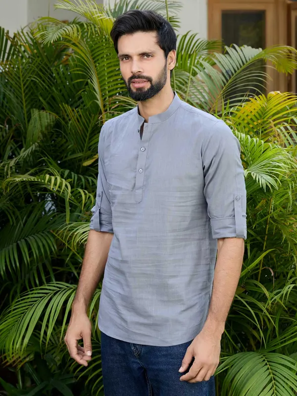 Men_Gray_Pure_Cotton_Slub_Short_Kurta