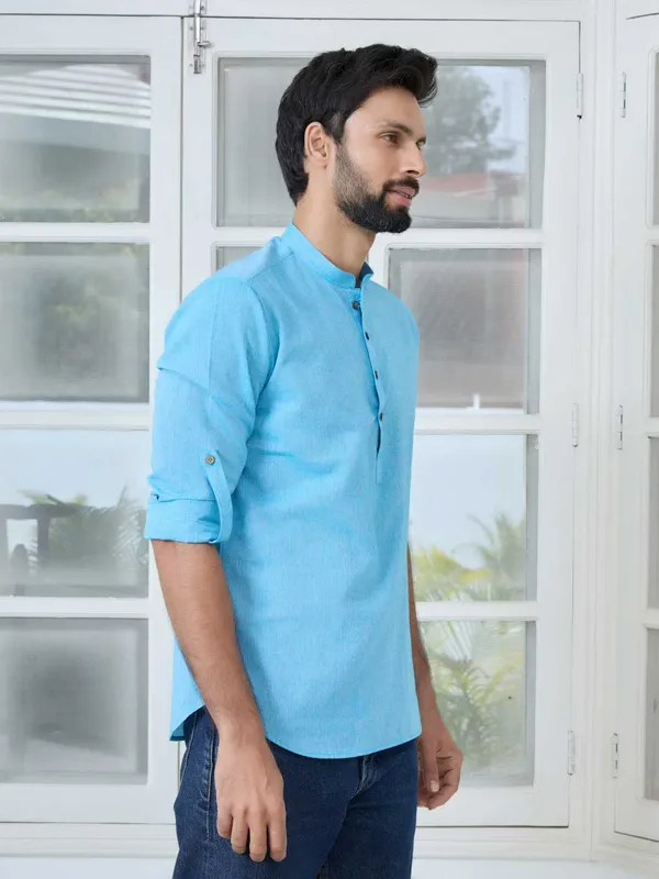 Men_Blue_Pure_Cotton_Short_Kurta