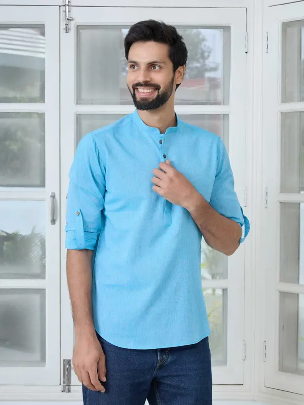 Men_Blue_Pure_Cotton_Short_Kurta