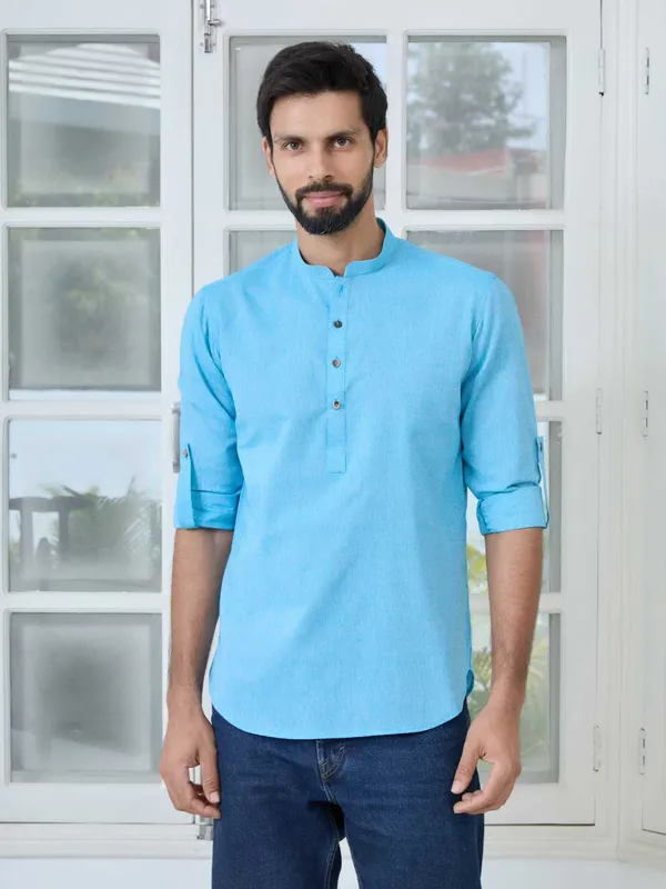Men_Blue_Pure_Cotton_Short_Kurta