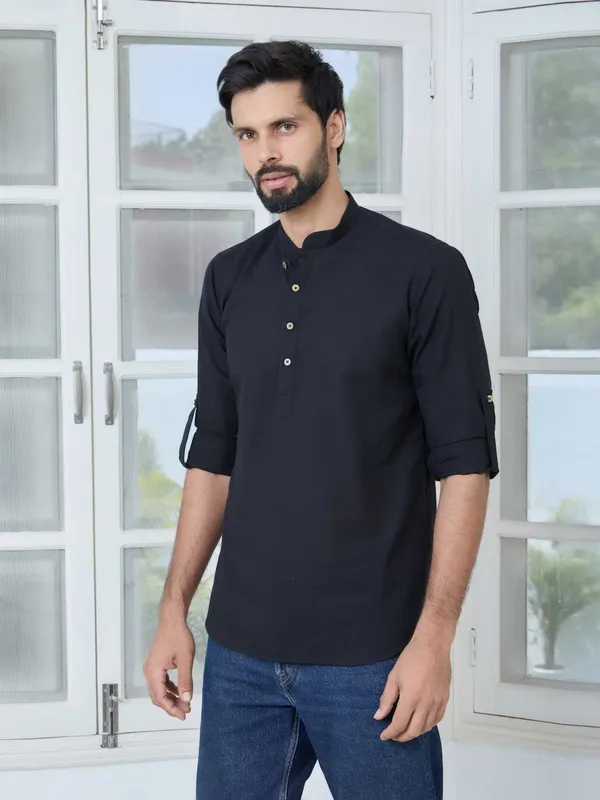 Black_Pure_Cotton_Slub_Short_Kurta