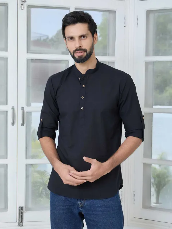 Black_Pure_Cotton_Slub_Short_Kurta