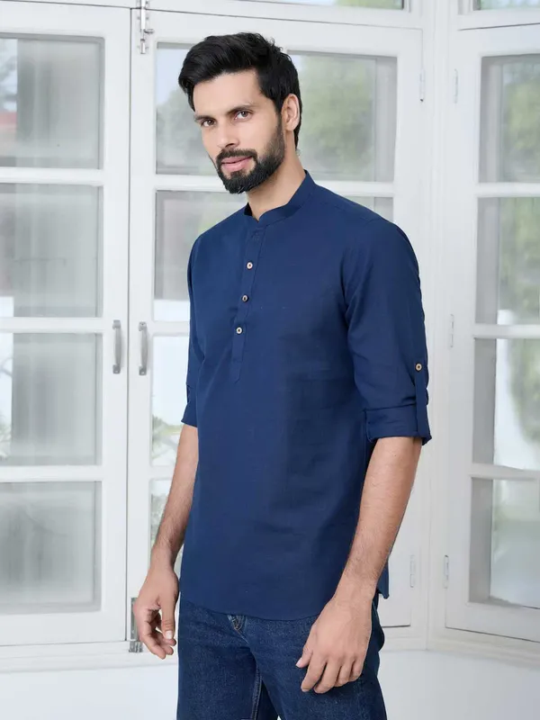 Men_Navy_Pure_Cotton_Slub_Short_Kurta