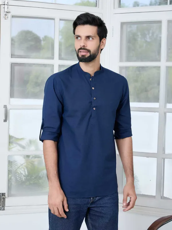 Men_Navy_Pure_Cotton_Slub_Short_Kurta