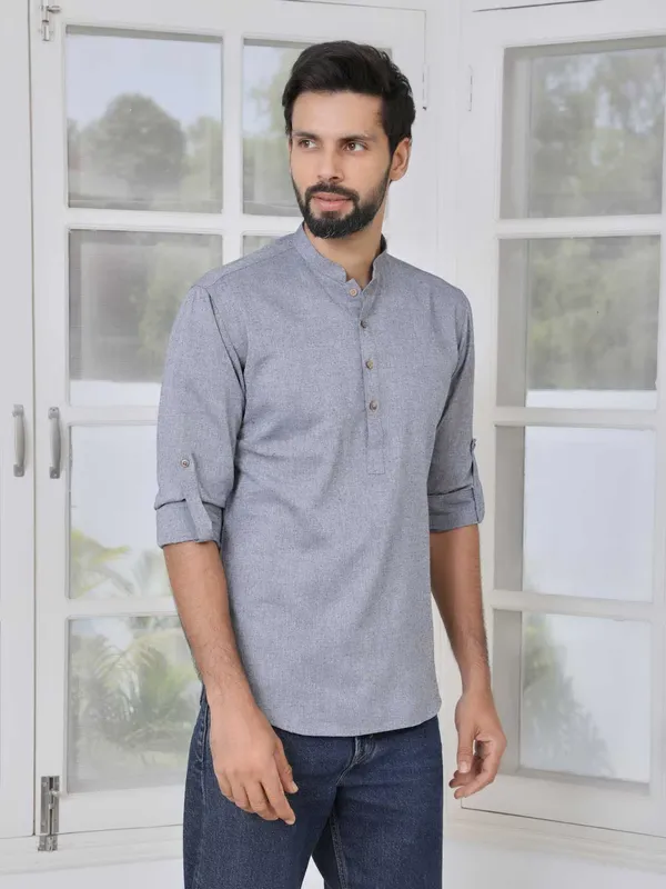 Men_Gray_Pure_Cotton_Short_Kurta