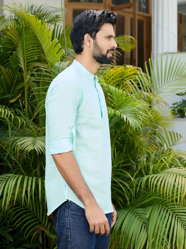 Men_Sea_Green_Pure_Cotton_Slub_Short_Kurta