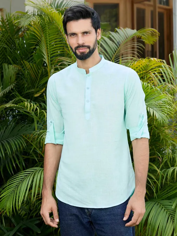 Men_Sea_Green_Pure_Cotton_Slub_Short_Kurta
