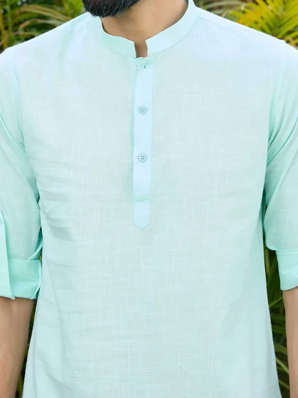 Men_Sea_Green_Pure_Cotton_Slub_Short_Kurta