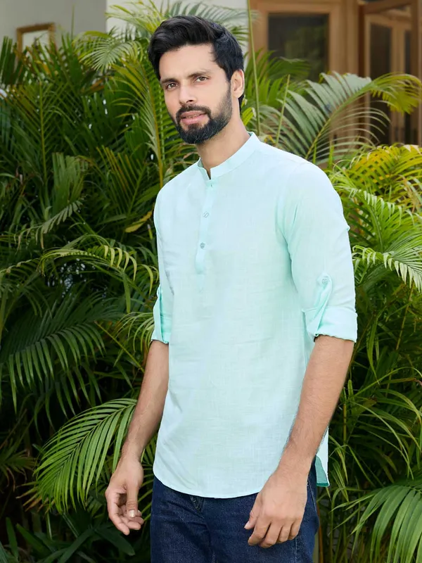 Men_Sea_Green_Pure_Cotton_Slub_Short_Kurta