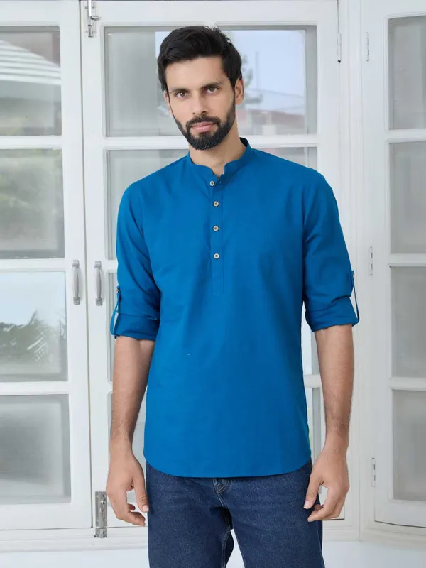 Men_Blue_Pure_Cotton_Slub_Short_Kurta