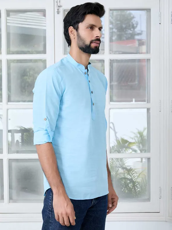Men_Light_Blue_Solid_cotton_Short_Kurta