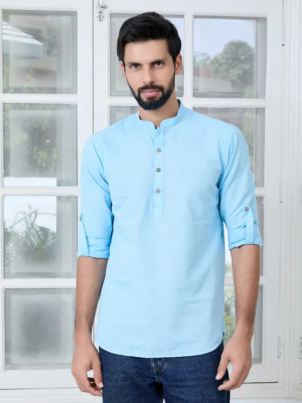 Men_Light_Blue_Solid_cotton_Short_Kurta