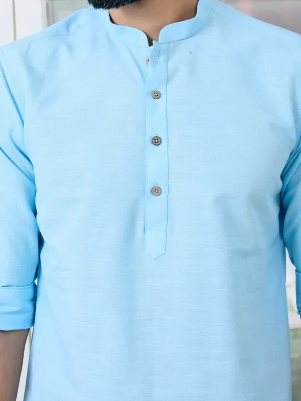Men_Light_Blue_Solid_cotton_Short_Kurta