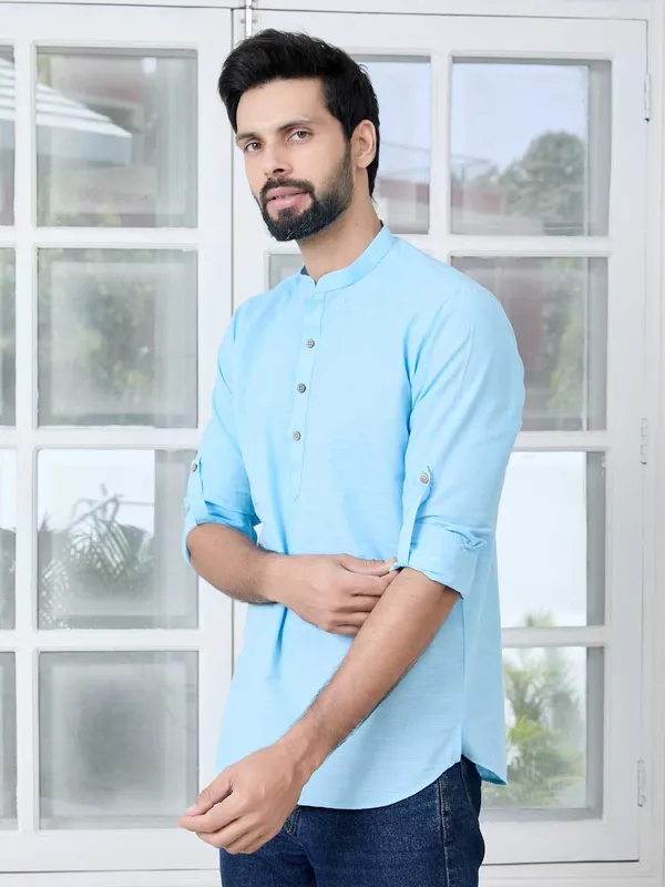 Men_Light_Blue_Solid_cotton_Short_Kurta