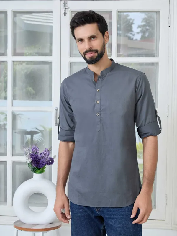 Dark_Gray_Solid_Cotton_Short_Kurta