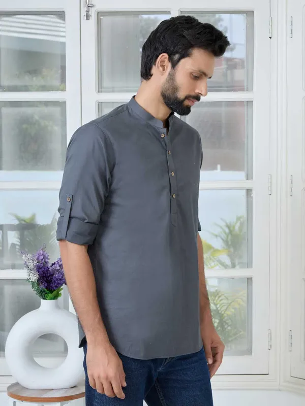 Dark_Gray_Solid_Cotton_Short_Kurta