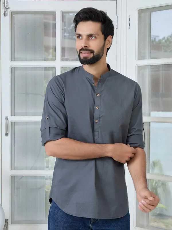 Dark_Gray_Solid_Cotton_Short_Kurta