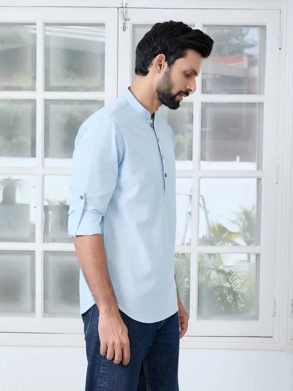 Light_Blue_Solid_Cotton_Short_Kurta
