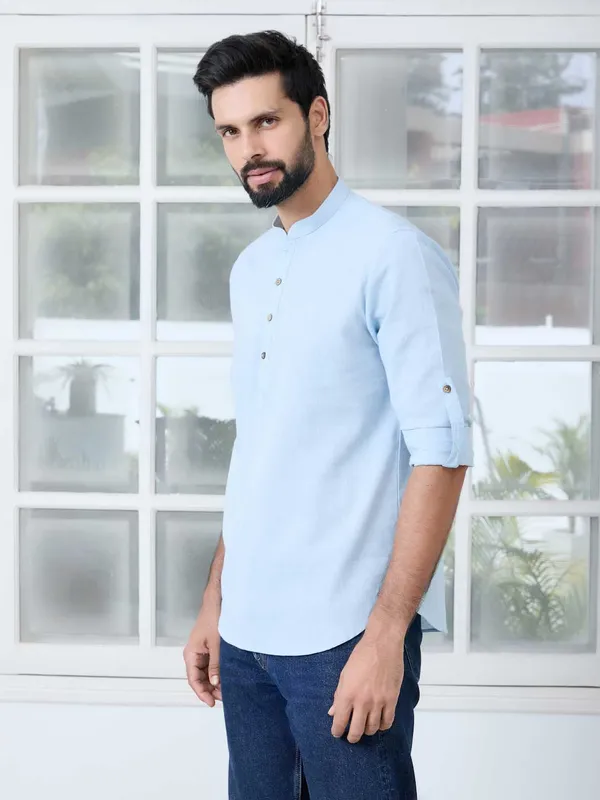 Light_Blue_Solid_Cotton_Short_Kurta