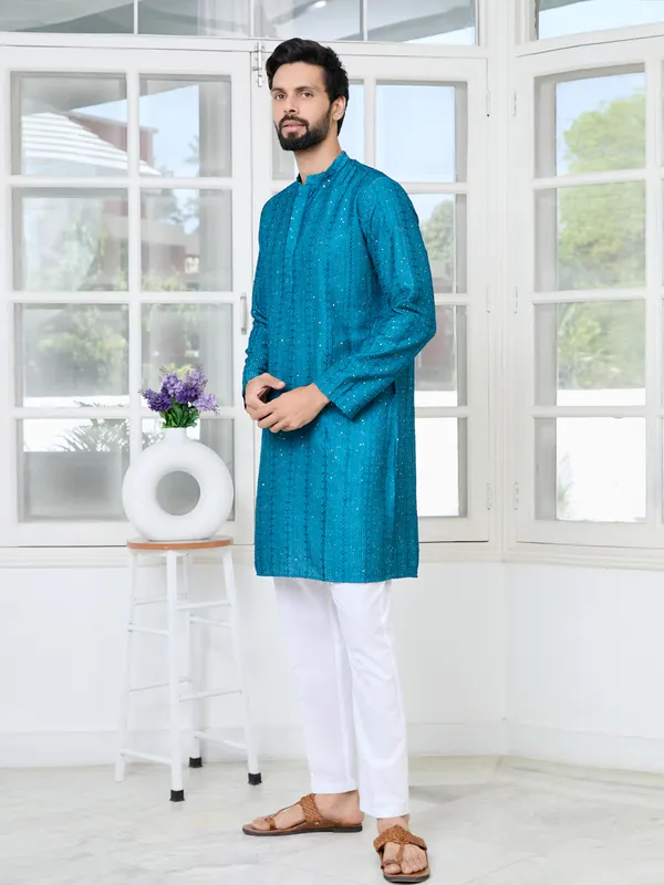 Blue_Embroidered_Thread_Work_Sequinned_Chanderi_Silk_Straight_Kurta_with_Pyjama