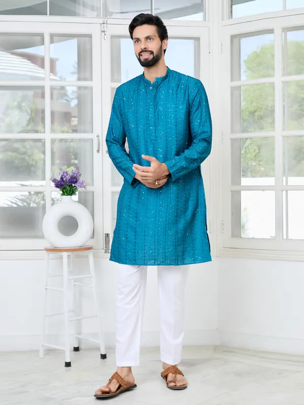 Blue_Embroidered_Thread_Work_Sequinned_Chanderi_Silk_Straight_Kurta_With_Pyjama