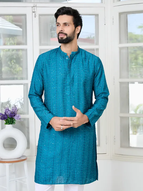 Blue_Embroidered_Thread_Work_Sequinned_Chanderi_Silk_Straight_Kurta_With_Pyjama