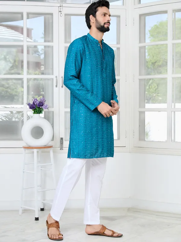 Blue_Embroidered_Thread_Work_Sequinned_Chanderi_Silk_Straight_Kurta_with_Pyjama