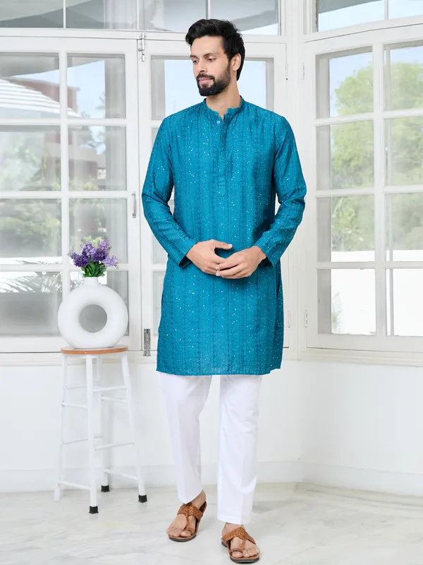 Blue_Embroidered_Thread_Work_Sequinned_Chanderi_Silk_Straight_Kurta