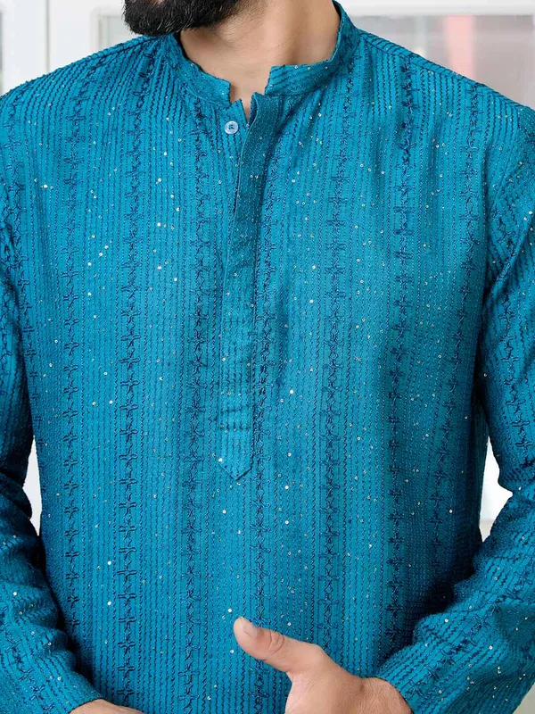 Blue_Embroidered_Thread_Work_Sequinned_Chanderi_Silk_Straight_Kurta
