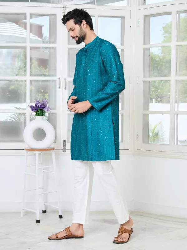 Teal_Embroidered_Thread_Work_Sequinned_Chanderi_Silk_Straight_Kurta_With_Pyjama