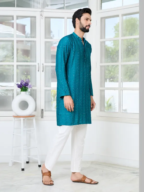 Teal_Embroidered_Thread_Work_Sequinned_Chanderi_Silk_Straight_Kurta_With_Pyjama