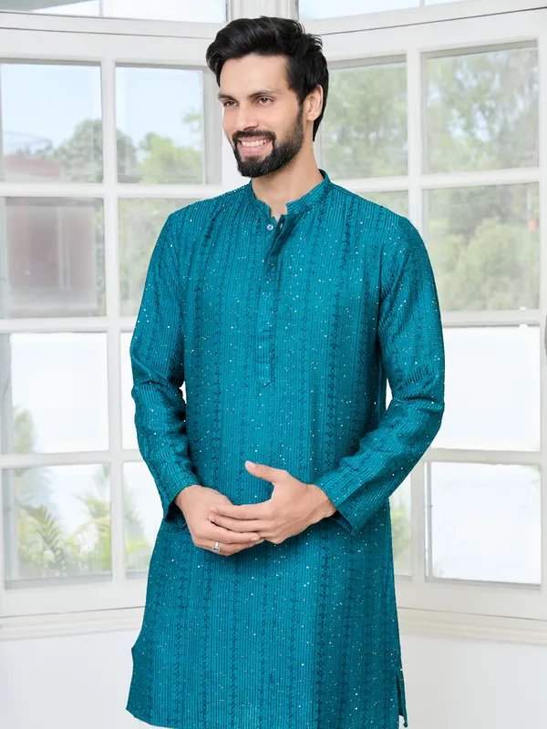 Teal_Embroidered_Thread_Work_Sequinned_Chanderi_Silk_Straight_Kurta_With_Pyjama