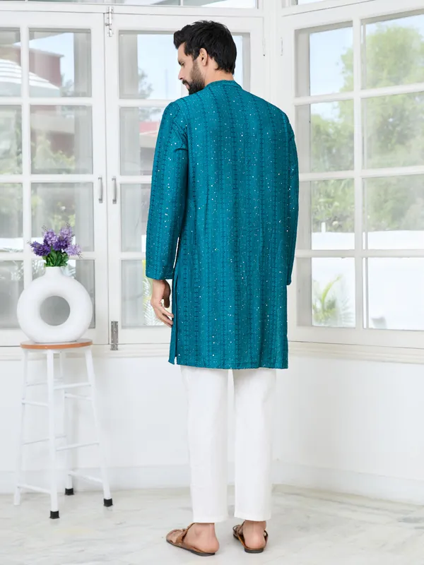 Teal_Embroidered_Thread_Work_Sequinned_Chanderi_Silk_Straight_Kurta_with_Pyjama