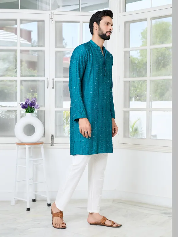 Teal_Embroidered_Thread_Work_Sequinned_Chanderi_Silk_Straight_Kurta_with_Pyjama