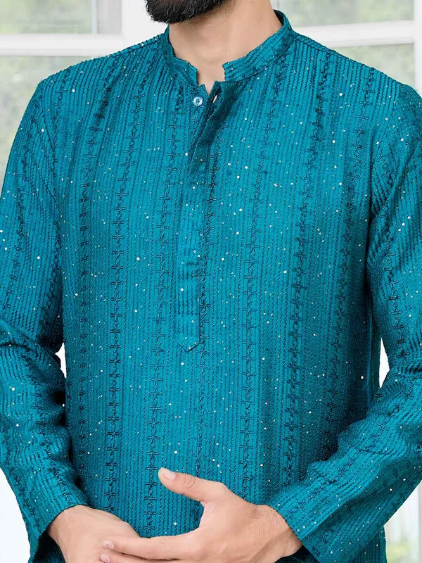 Teal_Embroidered_Thread_Work_Sequinned_Chanderi_Silk_Straight_Kurta_with_Pyjama