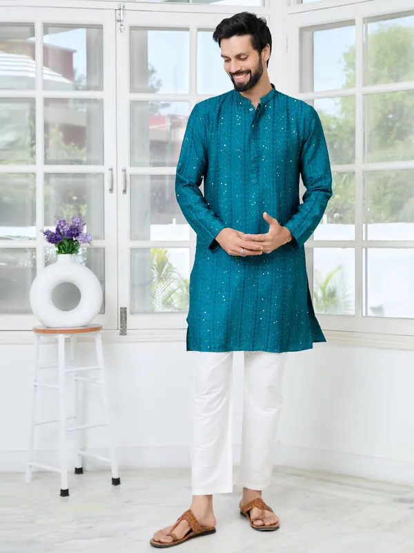 Teal_Embroidered_Thread_Work_Sequinned_Chanderi_Silk_Straight_Kurta