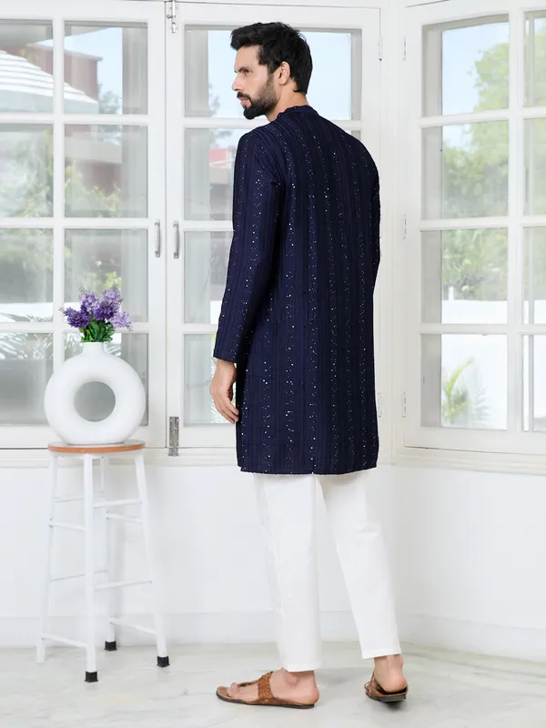 Navy_Blue_Embroidered_Thread_Work_Sequinned_Chanderi_Silk_Straight_Kurta_With_Pyjama