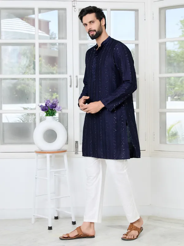 Navy_Blue_Embroidered_Thread_Work_Sequinned_Chanderi_Silk_Straight_Kurta_With_Pyjama