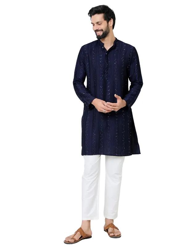 Navy_Blue_Embroidered_Thread_Work_Sequinned_Chanderi_Silk_Straight_Kurta_With_Pyjama