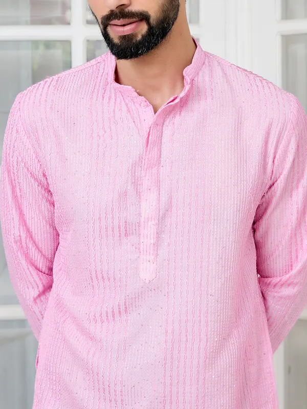 Light_Pink_Embroidered_Thread_Work_Sequinned_Chanderi_Silk_Straight_Kurta_With_Pyjama