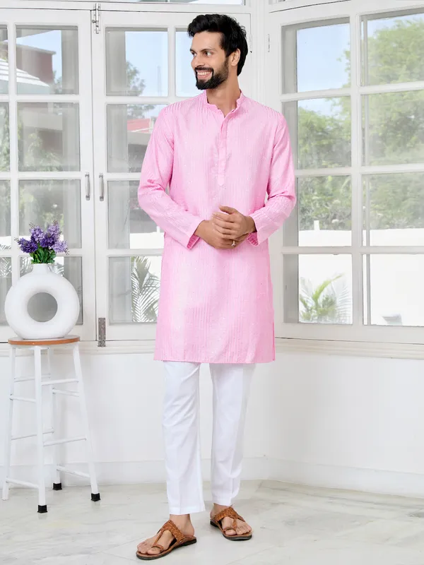 Light_Pink_Embroidered_Thread_Work_Sequinned_Chanderi_Silk_Straight_Kurta_With_Pyjama