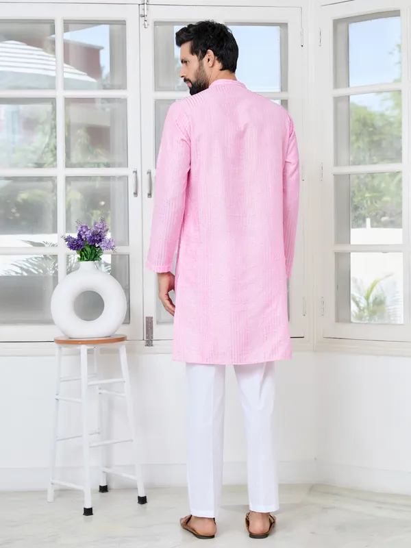 Light_Pink_Embroidered_Thread_Work_Sequinned_Chanderi_Silk_Straight_Kurta_With_Pyjama
