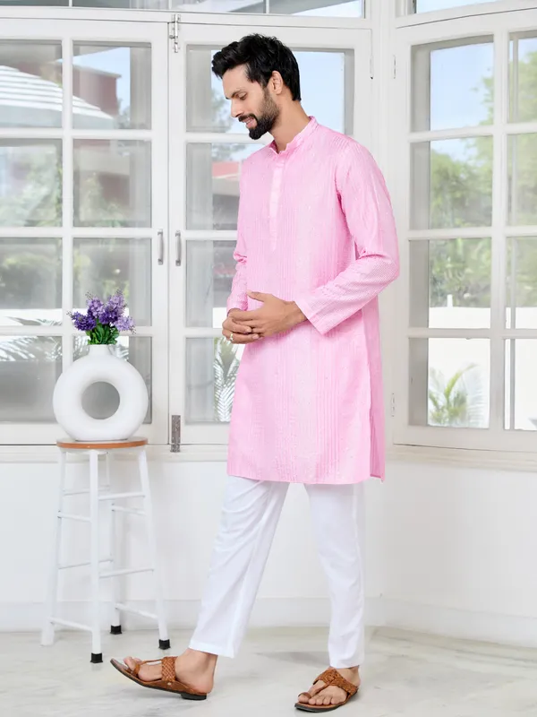 Light_Pink_Embroidered_Thread_Work_Sequinned_Chanderi_Silk_Straight_Kurta_With_Pyjama
